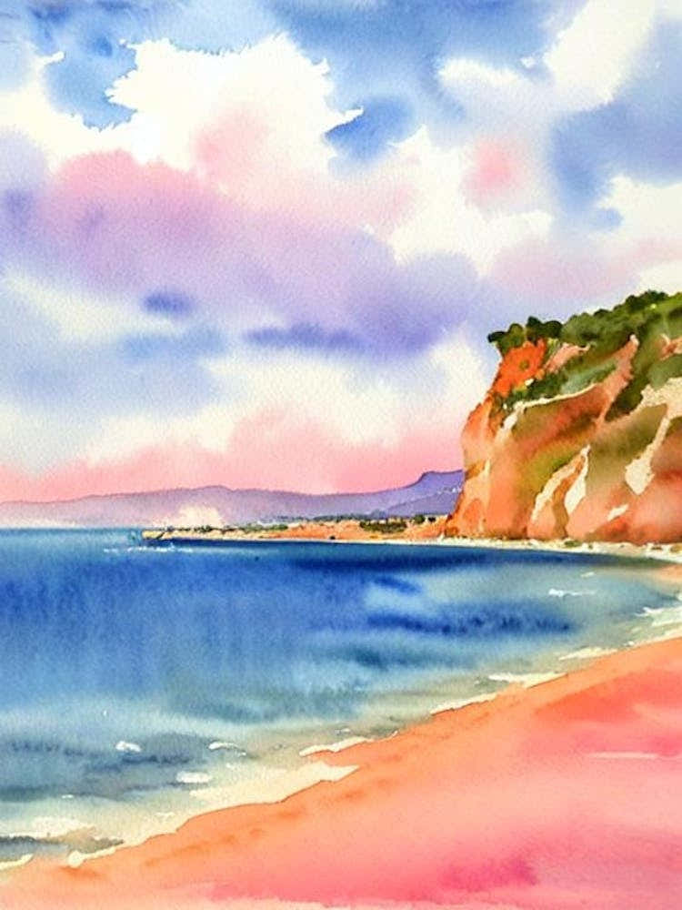 Plage De La Grande Motte, Languedoc Roussillon, France Pink Watercolour