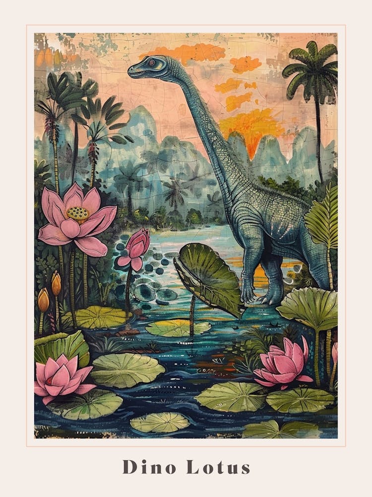 Dinosaur With Lotus Flowers Painting 3 Poster