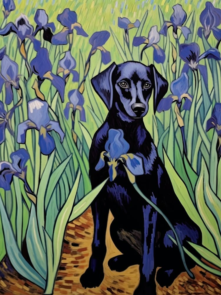 Van Gogh Irises With Black Dog