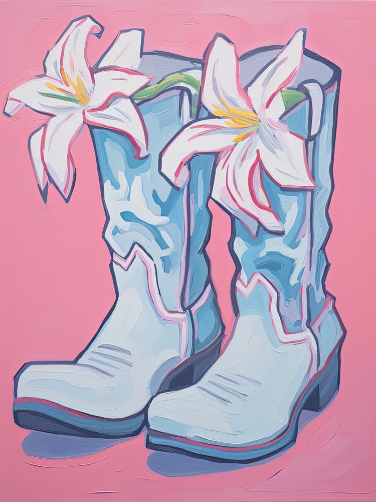 A Painting Of Cowboy Boots With Pink Flowers, Fauvist Style, Still Life 9