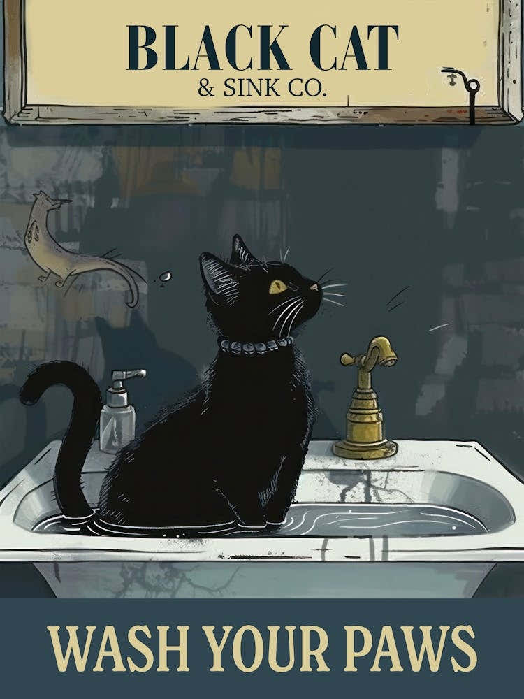 Black Cat Wash Your Paws Sink Poster Bathroom