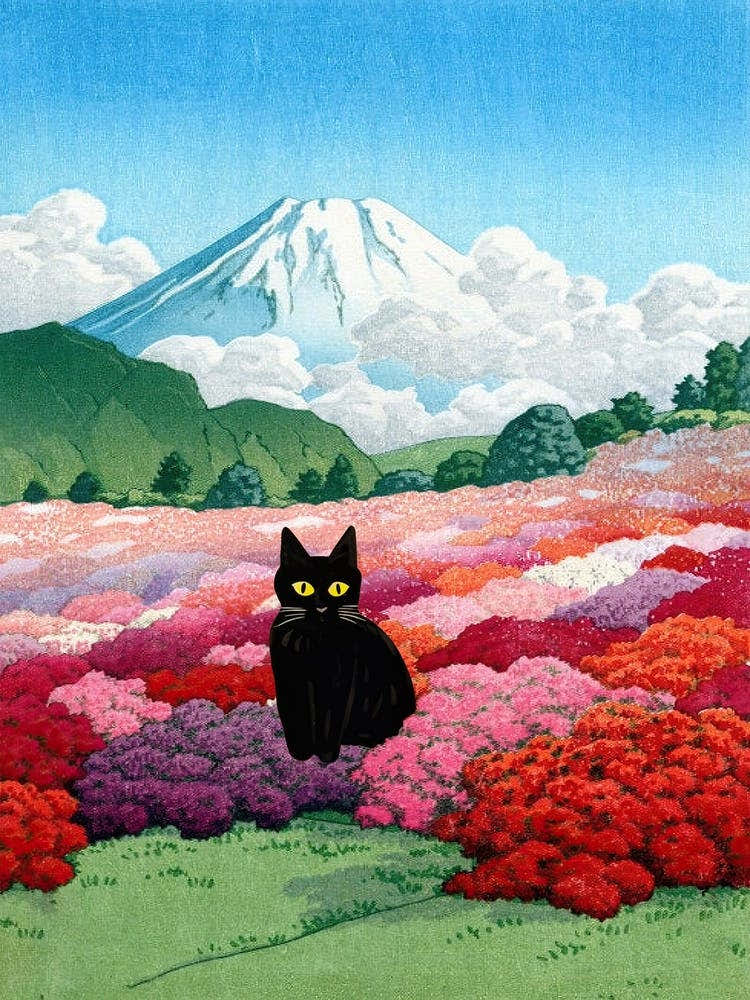 View Of Mount Fuji From An Azalea Garden With A Cat