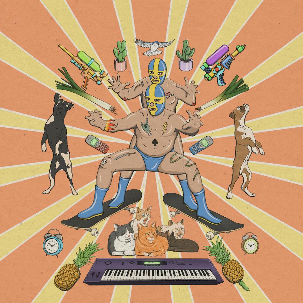 Masked wrestlers, skateboards, animals, fruits, vegetables, water pistols, illustration, wall art