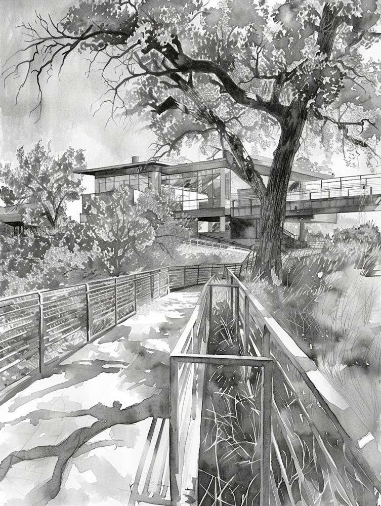 Nature Science Center Austin Texas Black And White Watercolour 3