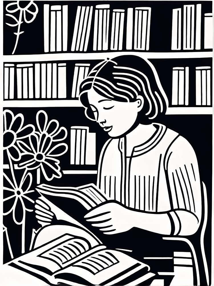 Just a girl who loves to read, Lion cut inspired Black and white Stylized portrait of a Woman reading a book, reading art, bookworm, Reading girl, 258