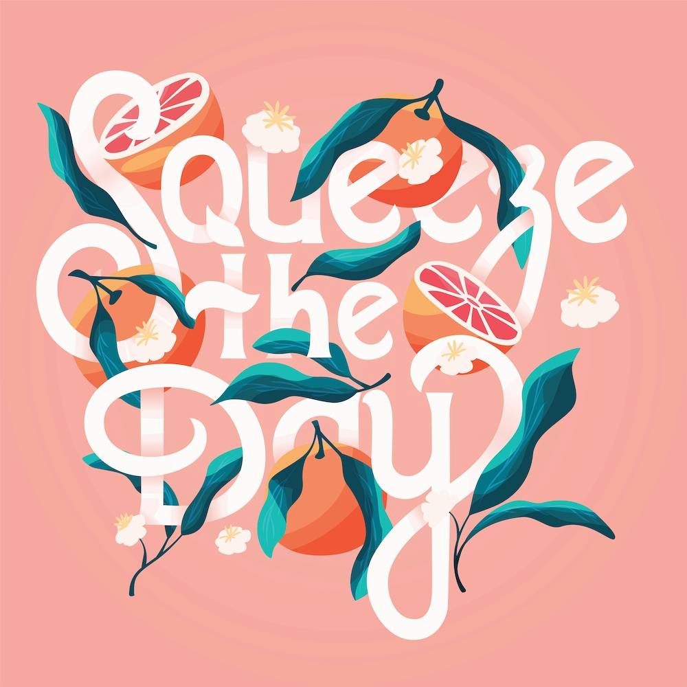 Squeeze The Day Hand Lettering With Oranges On Pink Square