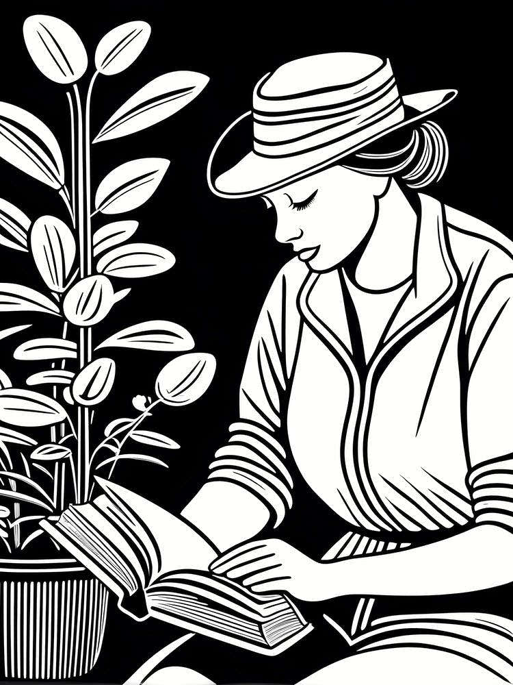Lino cut Inspired black and white Reading In the Garden Art, Garden Girl Art, Gardening reading, 257
