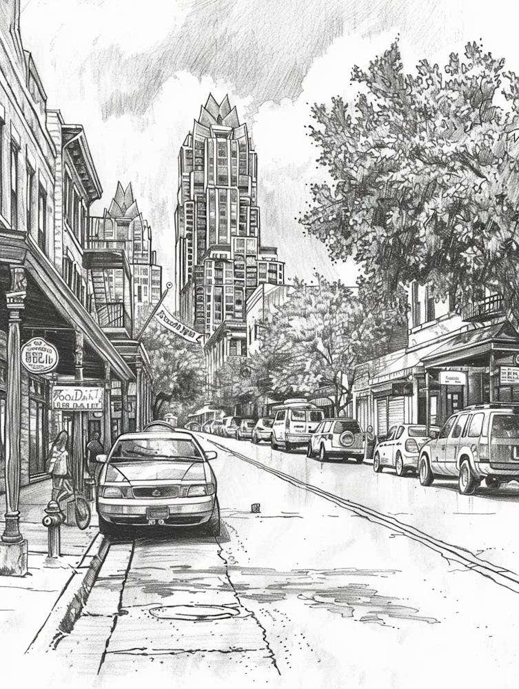 Rainey Street Historic District Austin Texas Black And White Drawing 1