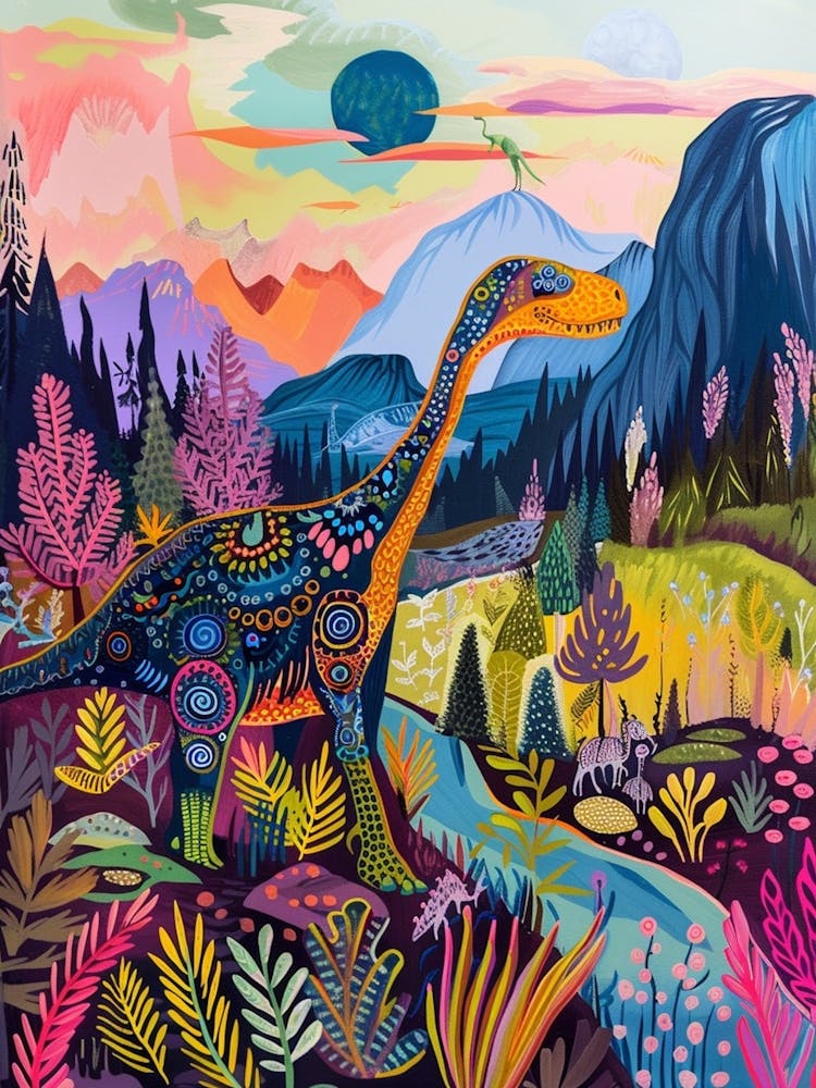 Colourful Dinosaur Pattern Drawing In The Mountains 2