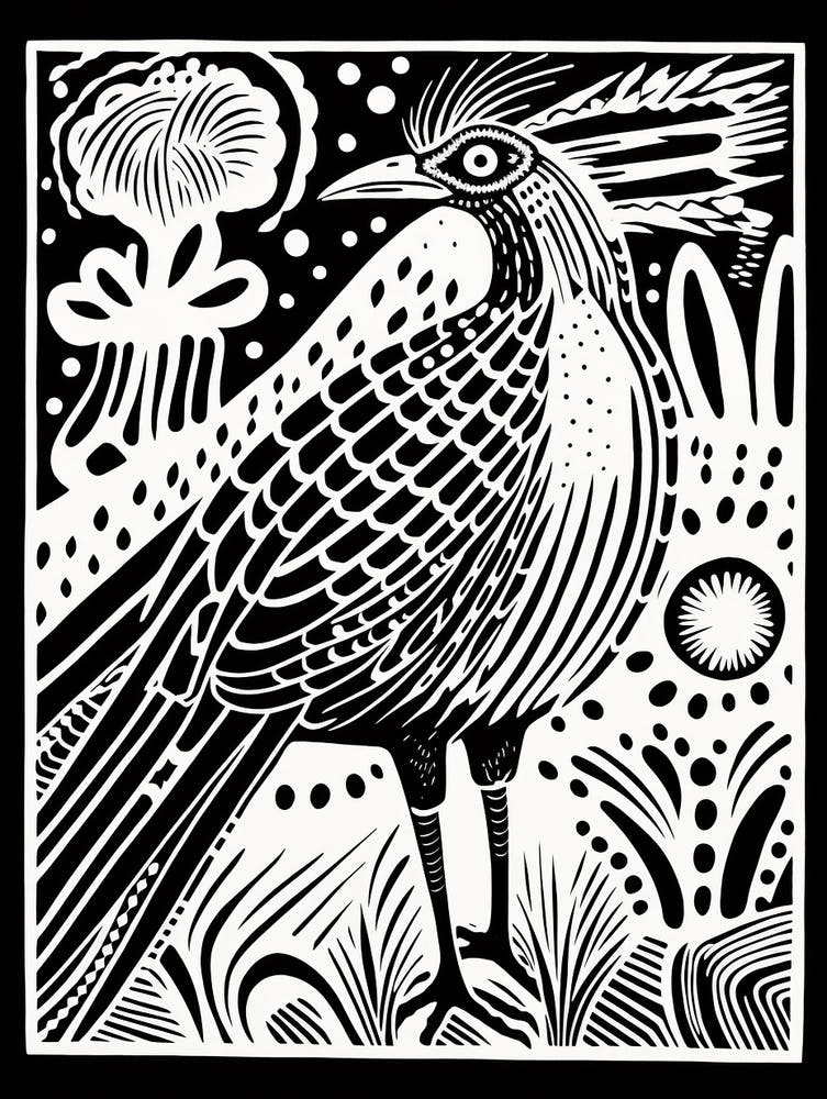 B&W Bird Linocut Roadrunner 3