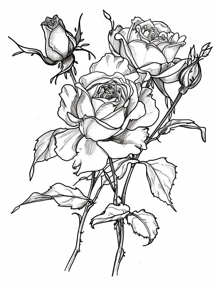 Black And White Rose Line Drawing 2
