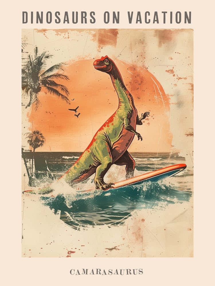Vintage Camarasaurus Dinosaur On A Surf Board 2 Poster