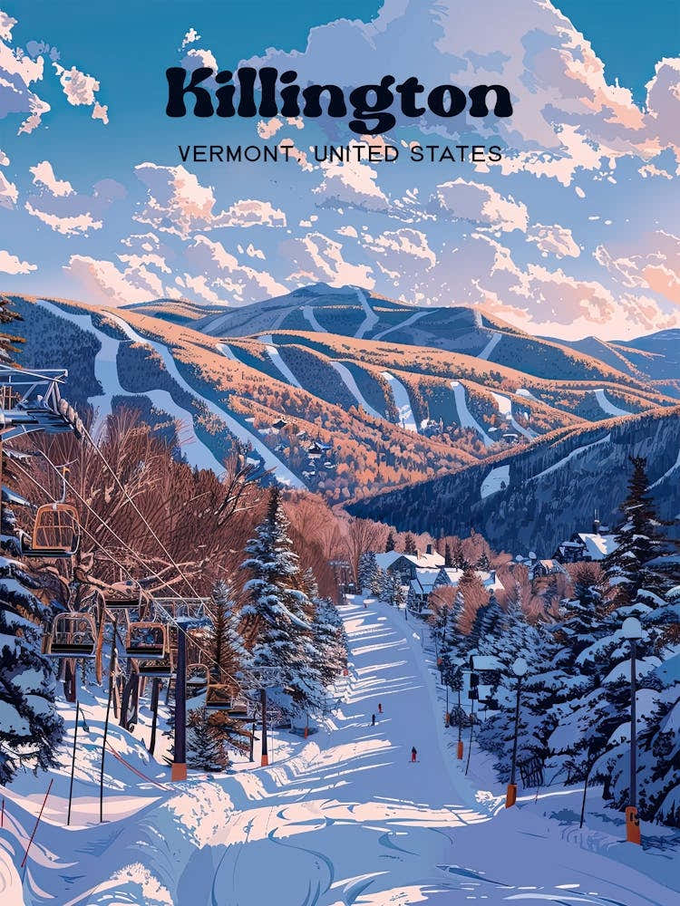 Killington Vermont Ski Resort Digital Travel Illustration