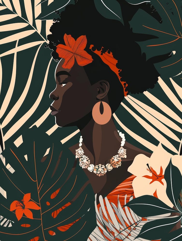 African Woman With Flowers And Leaves