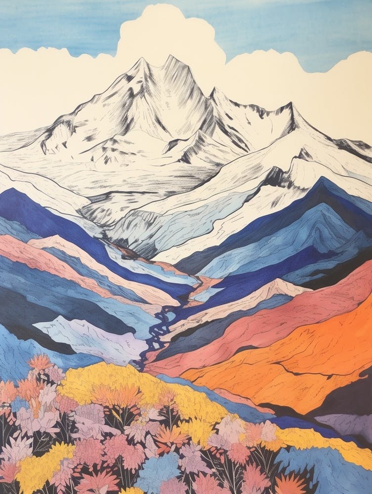 Mount Elbrus Russia 1 Colourful Mountain Illustration