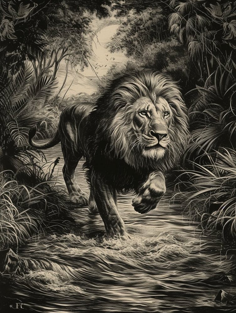 Barbary Lion Relief Illustration Crossing A River 3