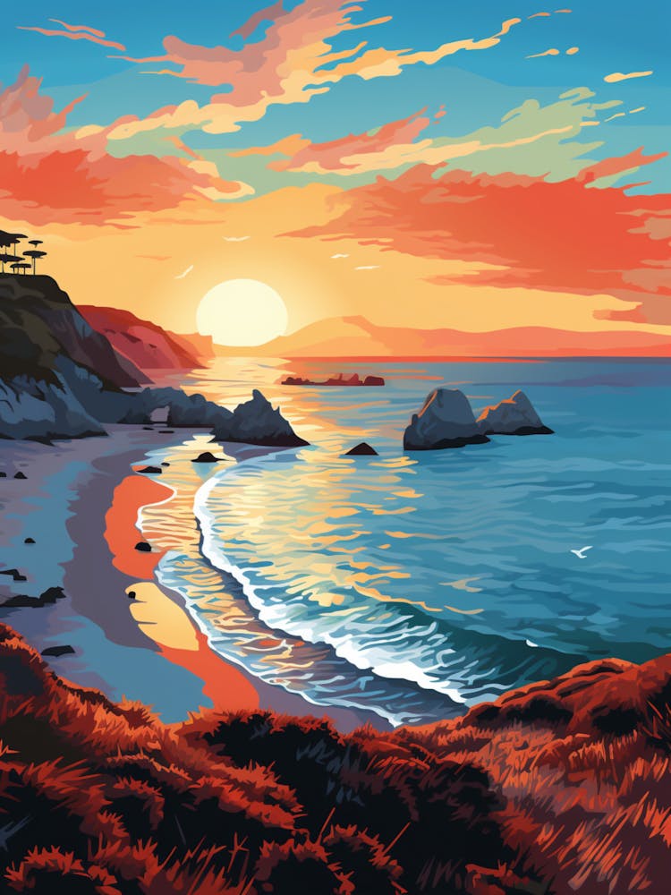 Lulworth Cove Beach Dorset At Sunset, Vibrant Painting 1