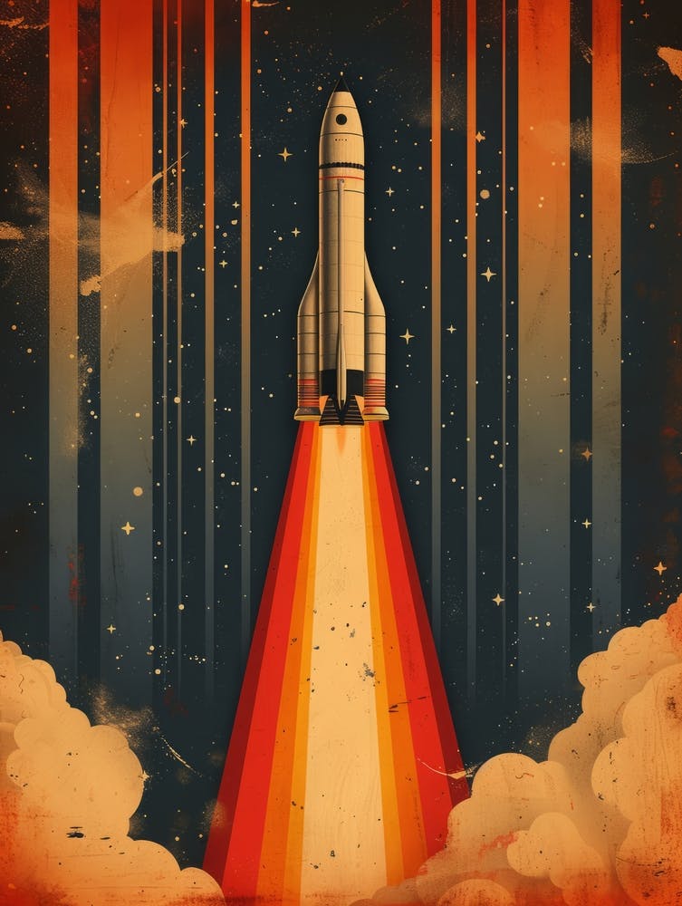 Space Odyssey: Retro Poster featuring Asteroids, Rockets, and Astronauts: Space Shuttle Launch Canvas Art 1