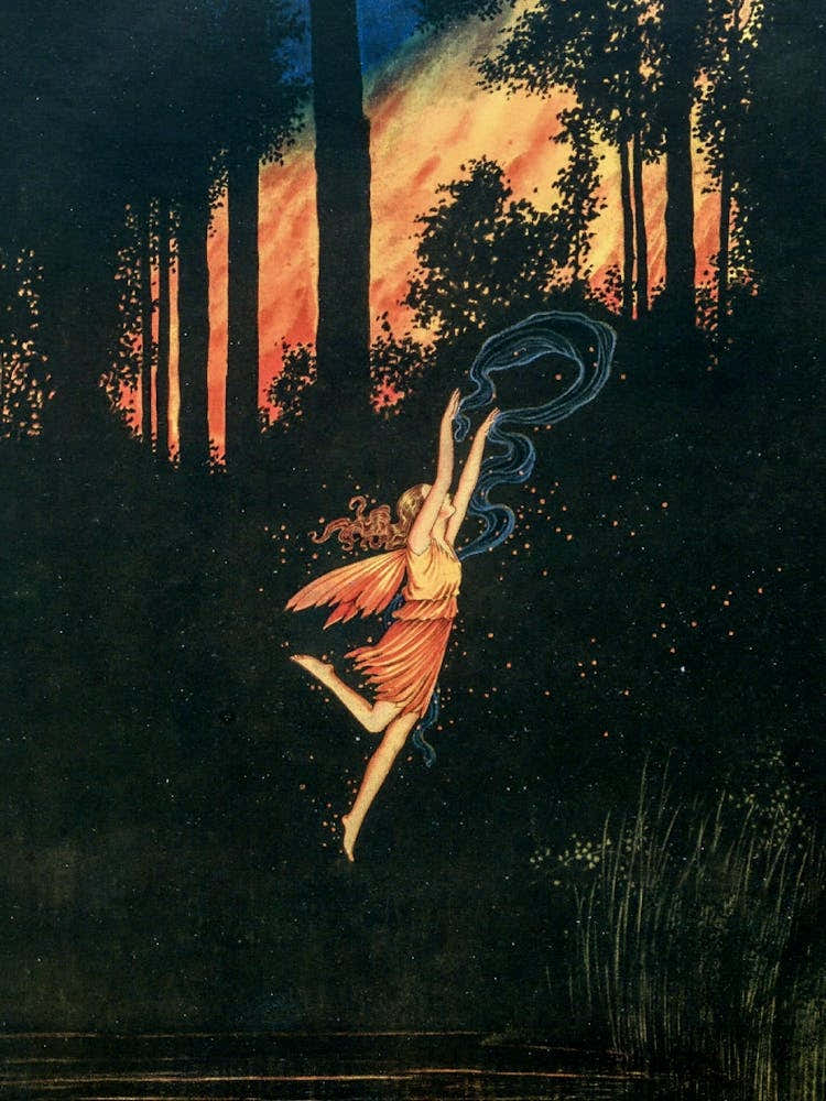 The Autumn Fairy by Ida Rentoul Outhwaite 1921 Fairyland - Vintage Art Deco Fairycore Australian Illustrator Witchy Fairytale Beautiful Fall Leaves Magic Witchcore Cottagecore Lake Sunset