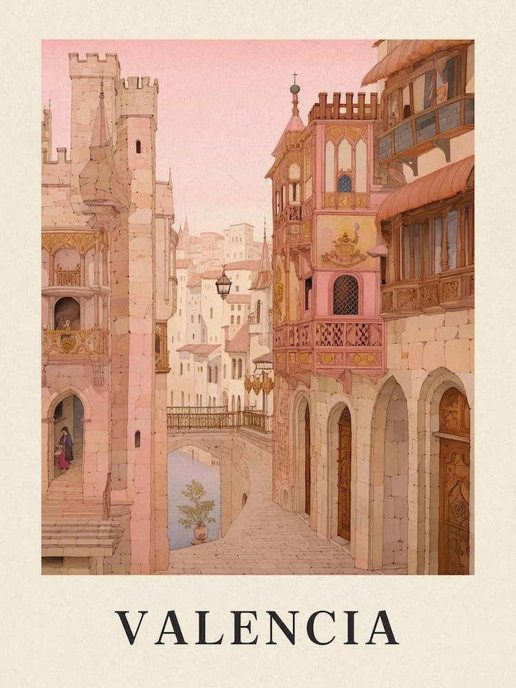 Valencia Spain 1 Vintage Pink Travel Illustration Poster