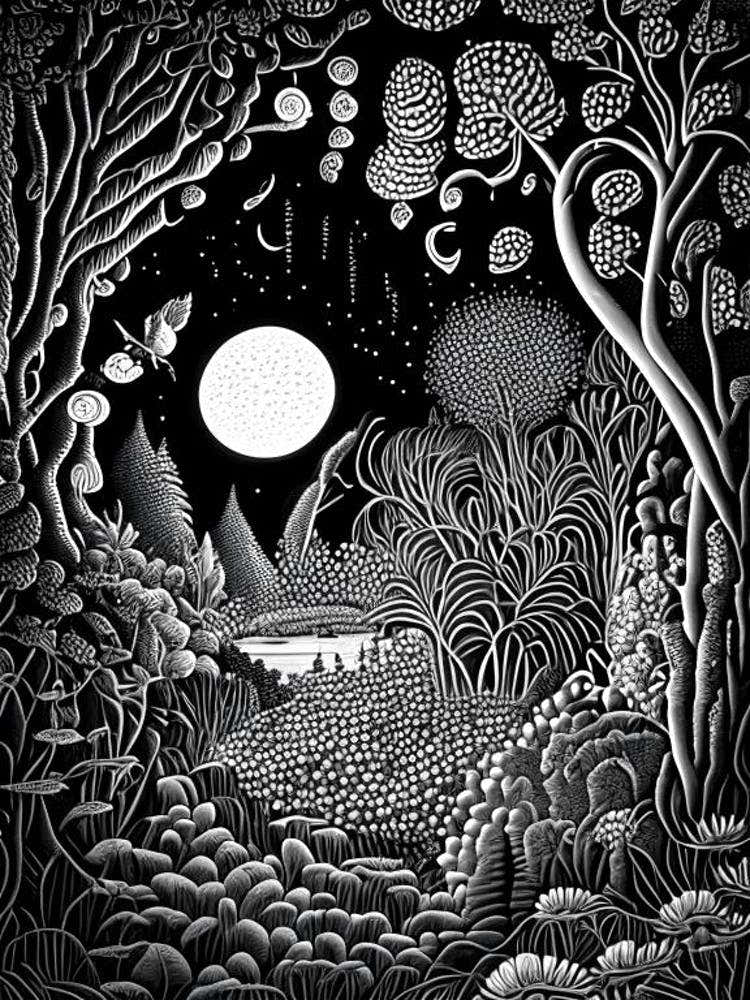 Garden Of Cosmic Speculation, 1, United Kingdom Linocut Black And White Vintage