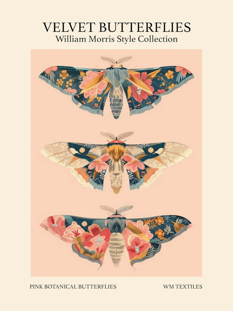 Velvet Butterflies Collection Pink Botanical Butterflies William Morris Style 7