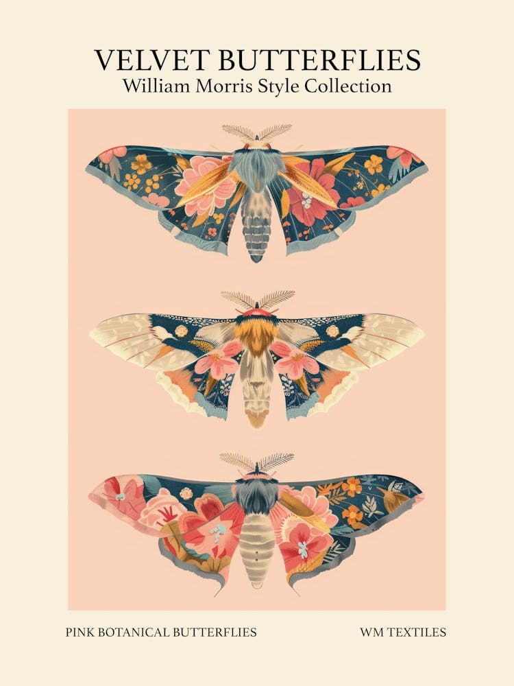 Velvet Butterflies Collection Pink Botanical Butterflies William Morris Style 7