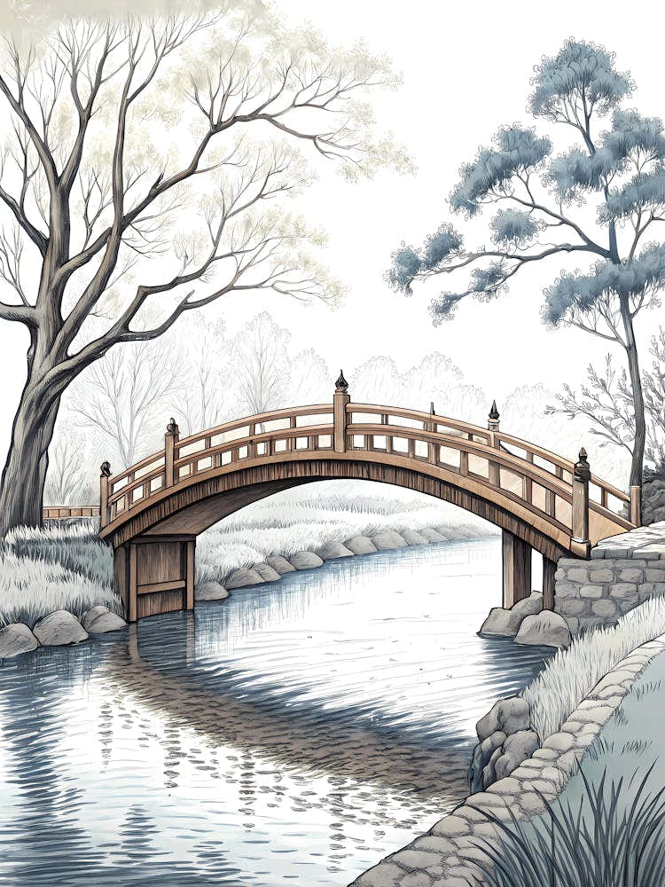 Minimalist Ink Sketch Of Calm River Under A Trad