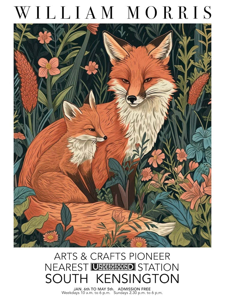 William Morris Print Fox And Cub Portrait Valentines Mothers Day Gift Botanical