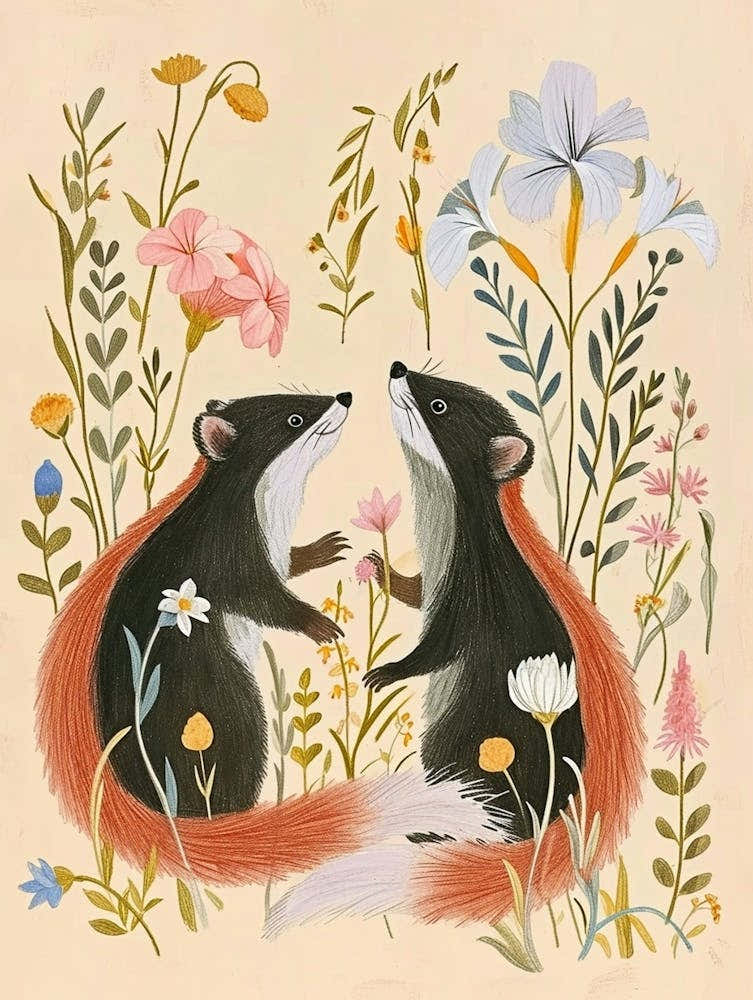 Folksy Floral Animal Drawing Skunk 2