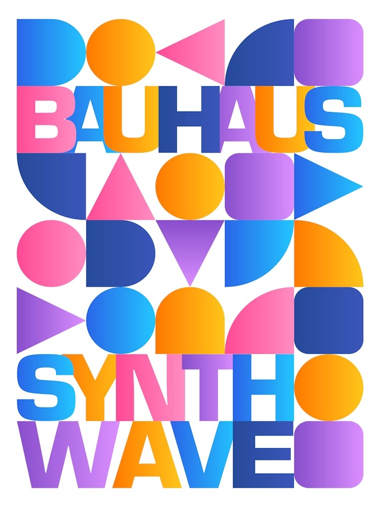 Synthwave Bauhaus Rainbow poster #1 (pink-blue-yellow) — abstract poster, retrowave print 2