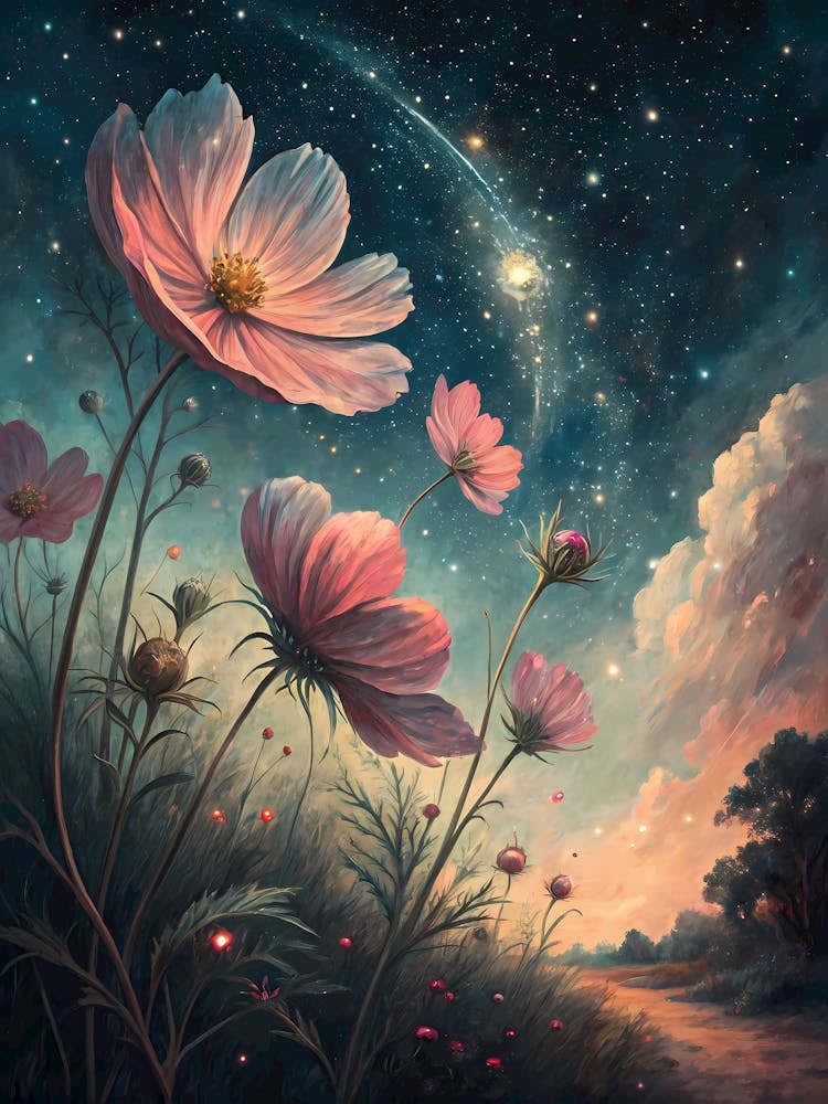 Oil Painting Style Stylized Cosmos Flowers In Night
