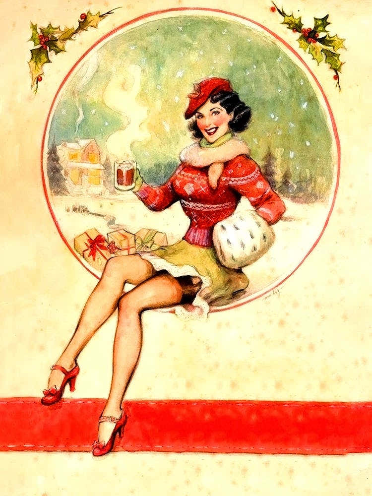 Pinup Girl With Warm Chocolate And Lots Of Presents