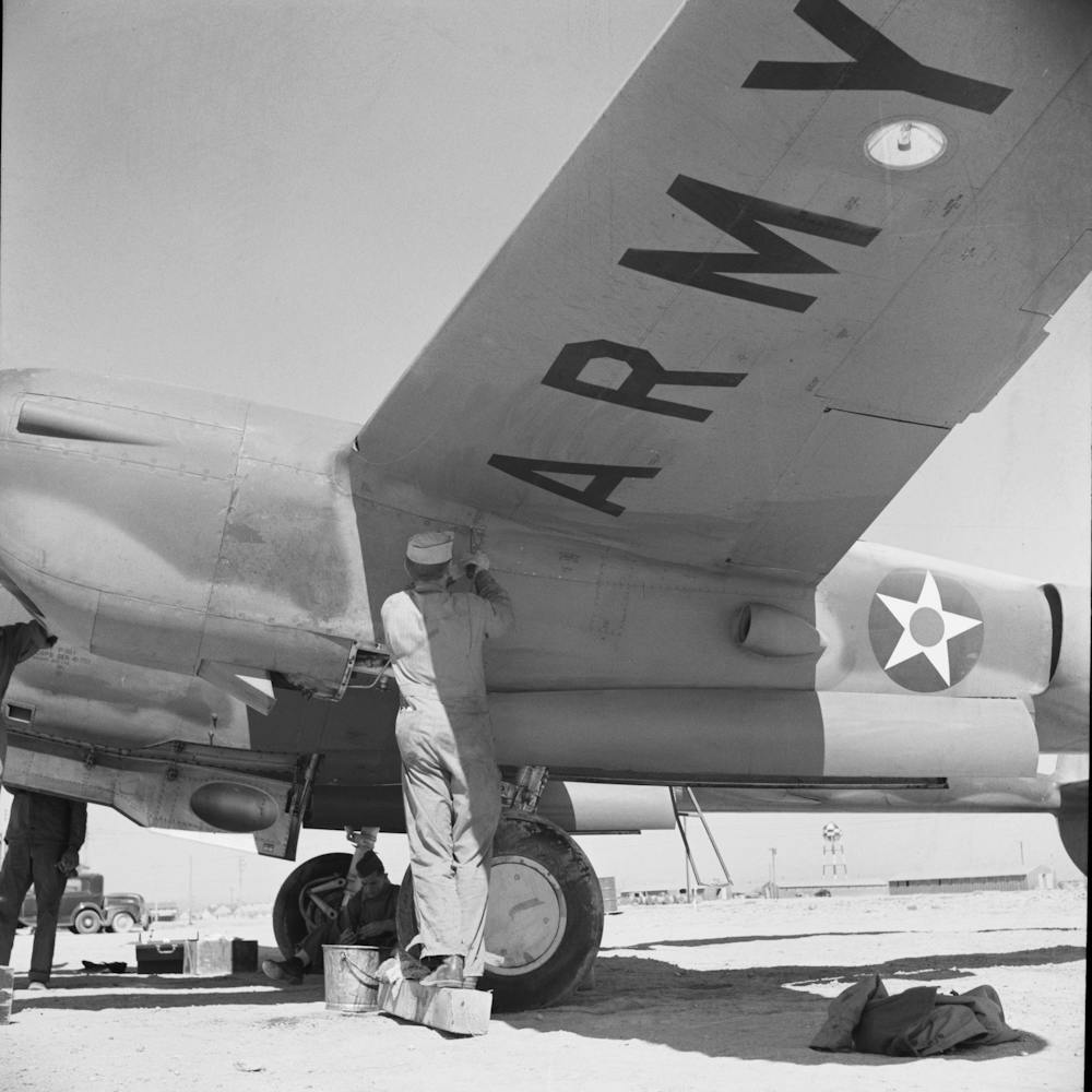 Repairing Army Interceptor Plane, Lake Muroc, California By Russell Lee