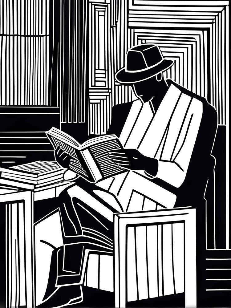 Lion cut inspired Black and white Stylized portrait of a Person reading a book, reading art, book worm, Reader 184