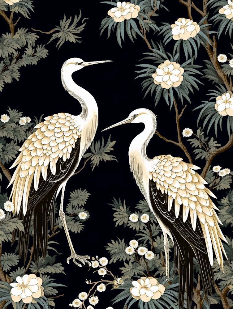Black And White Cranes 5 Vintage Japanese Botanical