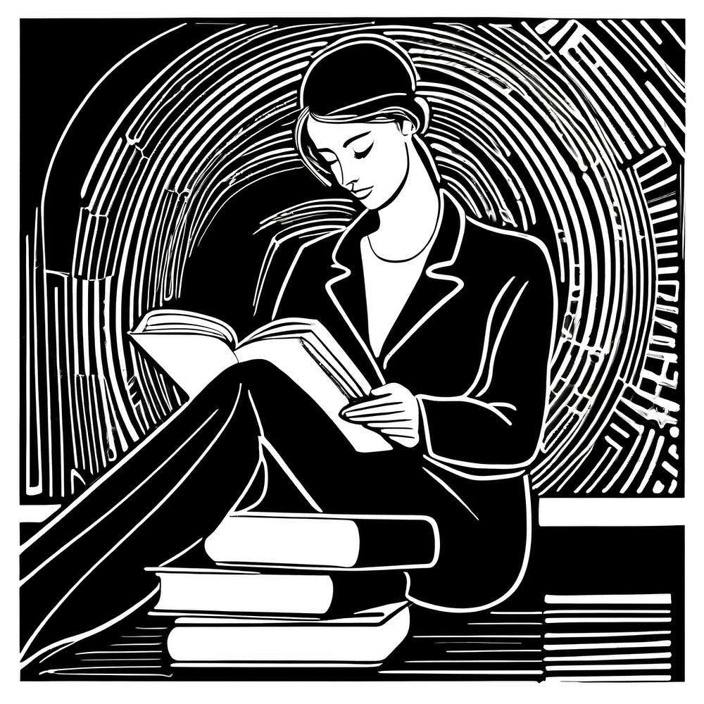Just a girl who loves to read, Lion cut inspired Black and white Stylized portrait of a Woman reading a book, reading art, book worm, Reading girl, 194