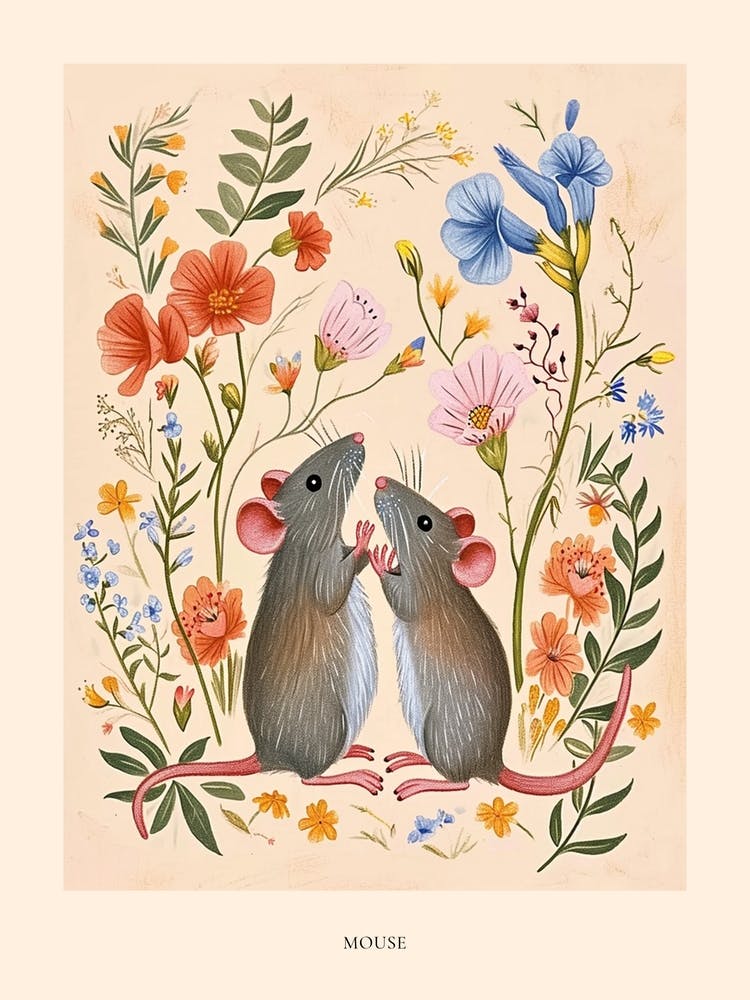 Folksy Floral Animal Drawing Mouse 3 Poster