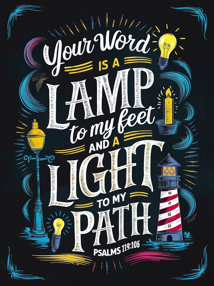 Bible Verse, Psalms 119:105, Your Word is a lamp to my feet and a light to my path, Chalkboard drawing, Christian Art