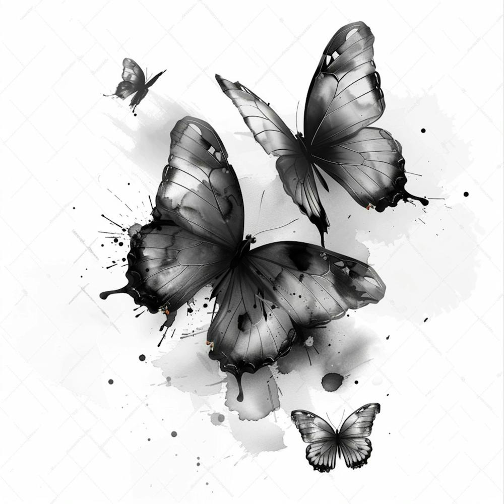 White Background, Black And Grey Butterflies, Dry Brush Technique, White Background, Soft Shading