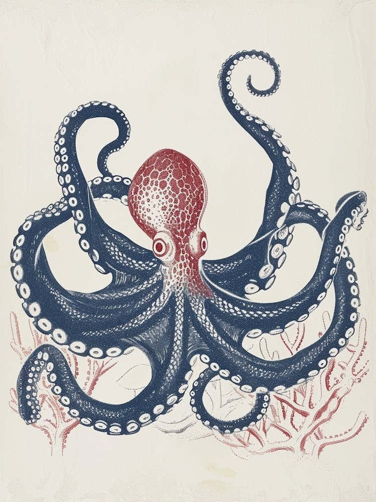 Navy Blue Linocut Inspired Octopus  2