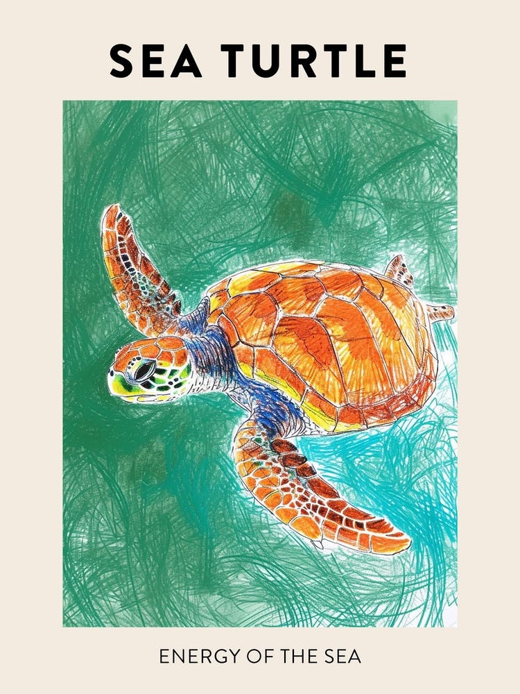 Green Sea Turtle Crayon Scribble Poster 1
