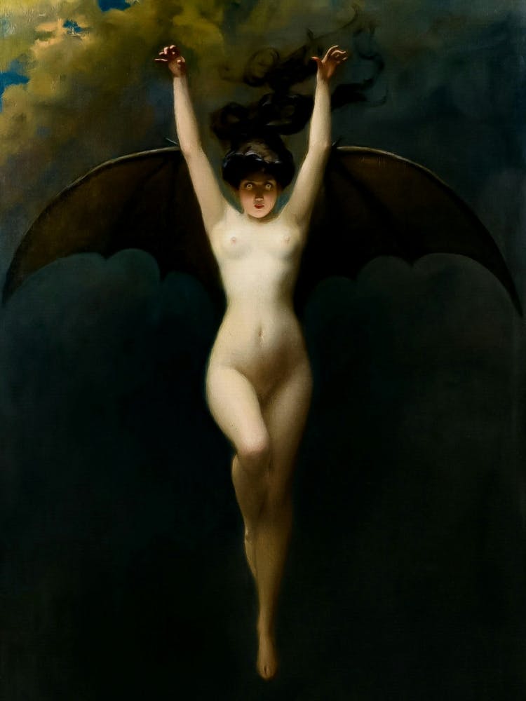 La Femme Chauve-Souris (c.1890) - The Bat Woman French Vintage Art Oil Painting by Albert Joseph Pénot - Remastered Archival High Resolution Nude Witch