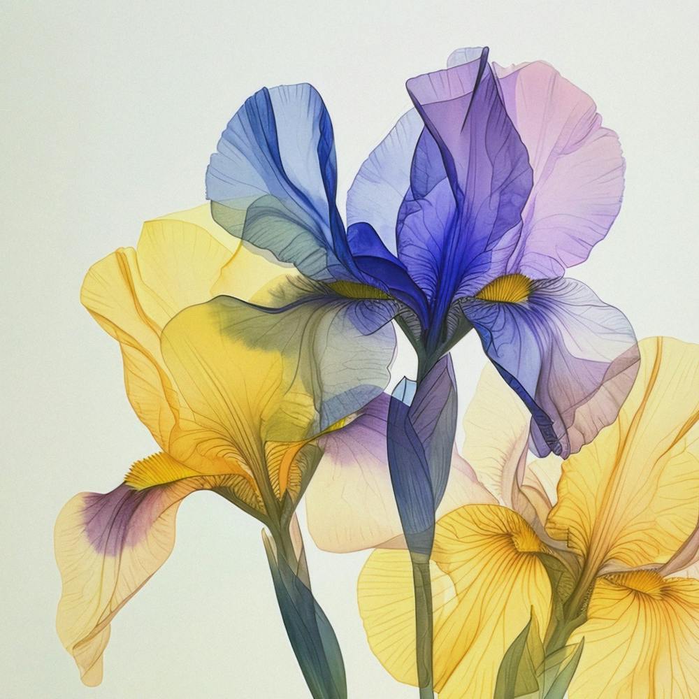 Three Irises. Purple and Yellow Watercolor