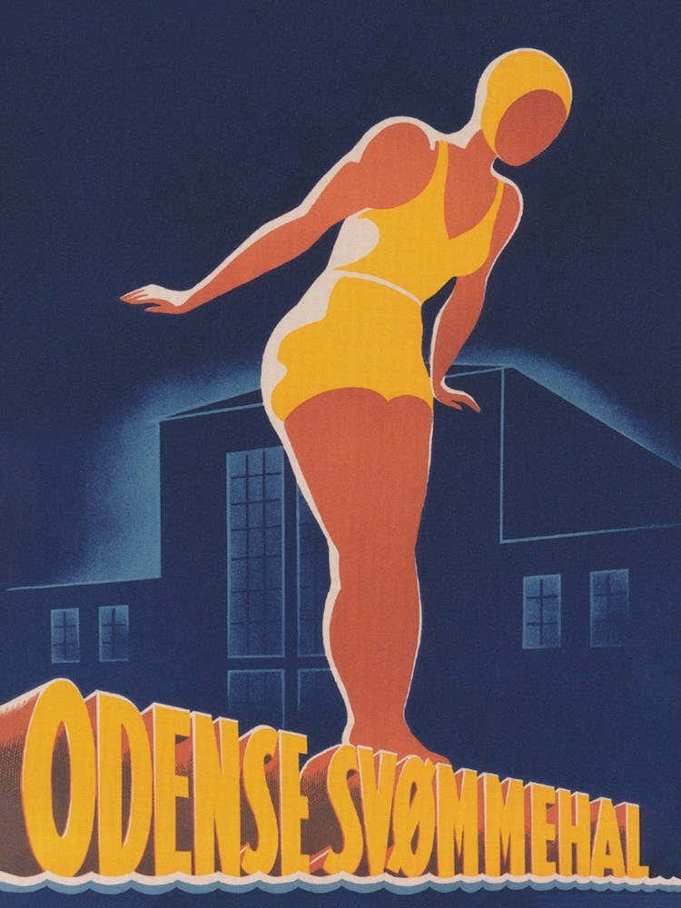 Odense Denmark Swimming Pool, Swimmer, Vintage Travel Poster