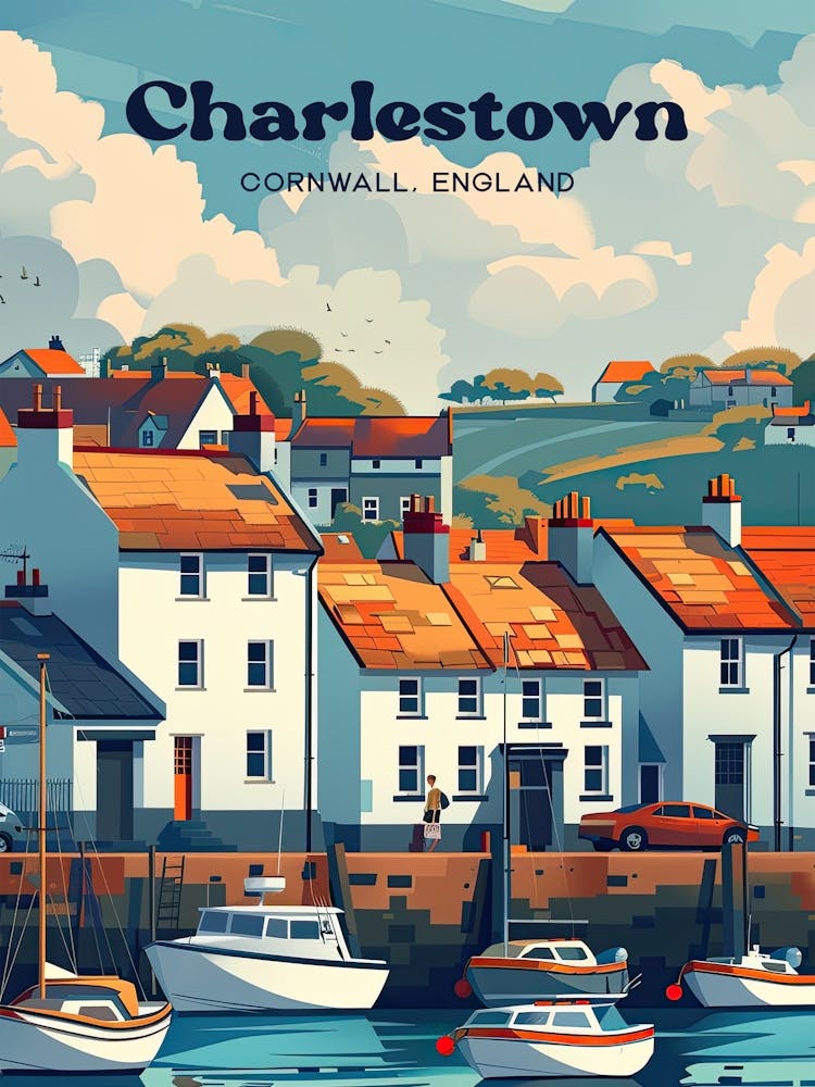 Charlestown Cornwall Vintage Travel Illustration