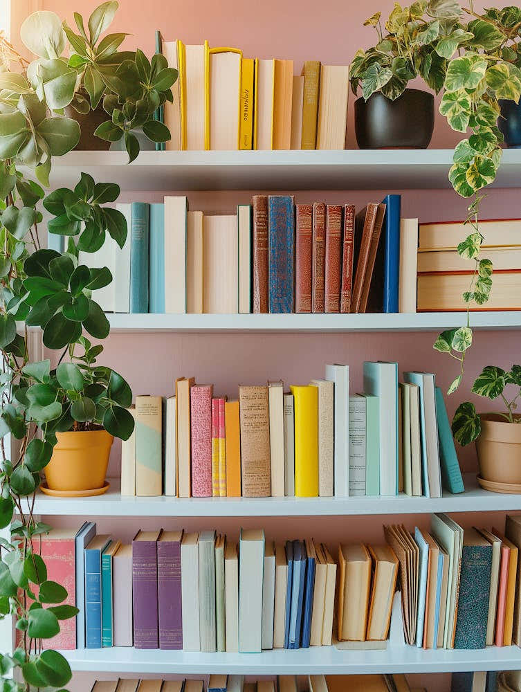 Bookshelf Filled With Colorful Books And Potted Plants 1