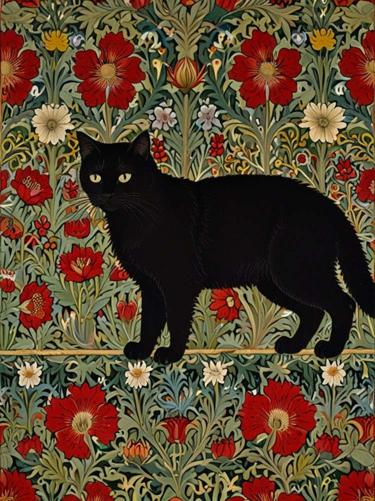 William Morris Black Cat On A Red Background