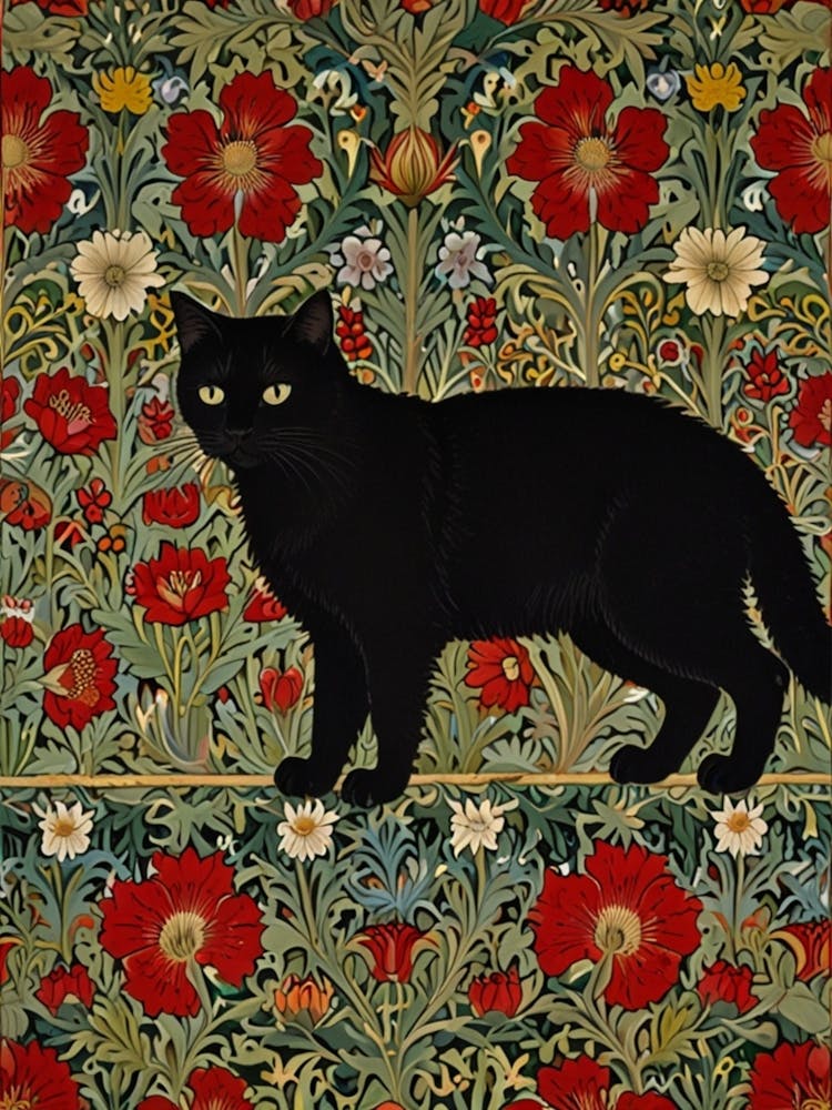 William Morris Black Cat On A Red Background