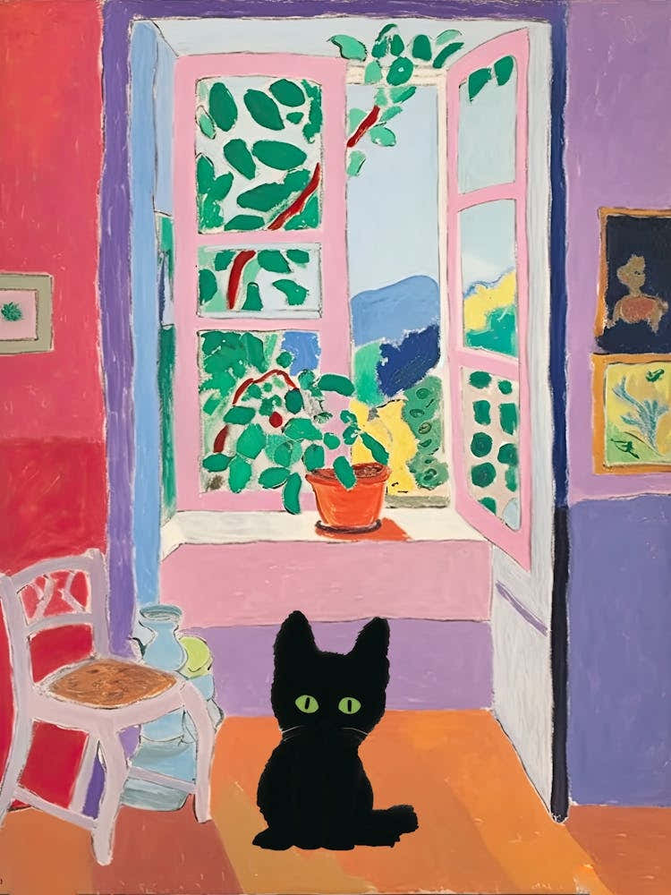 Open Window And Plants With A Black Cat
